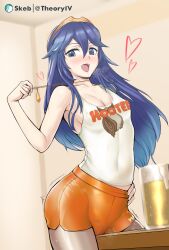 Rule 34 | 1girl, absurdres, aegis (nerocc), alcohol, beer, beer mug, blue eyes, blue hair, blush, breasts, cleavage, collarbone, commentary request, commission, crotch rub, cup, female masturbation, fire emblem, fire emblem awakening, hair between eyes, hand on own hip, heart, highres, hooters, indoors, jewelry, long hair, lucina (fire emblem), masturbation, mug, nintendo, open mouth, orange shorts, pendant, psd available, short shorts, shorts, skeb commission, sleeveless, small breasts, smile, solo, table humping, tank top, teeth, tiara, tongue, tongue out, upper teeth only, waitress, white tank top