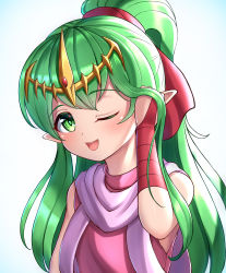 Rule 34 | 1girl, absurdres, adjusting hair, bare shoulders, blue background, blush, bridal gauntlets, child, dress, female focus, fire emblem, fire emblem: mystery of the emblem, flat chest, gem, gloves, gradient background, green eyes, green hair, hair ribbon, hand up, happy, highres, hondaranya, long hair, looking at viewer, matching hair/eyes, nintendo, one eye closed, open mouth, pink dress, pointy ears, ponytail, purple scarf, red gemstone, red gloves, red ribbon, ribbon, scarf, sidelocks, simple background, single bridal gauntlet, single glove, sleeveless, sleeveless dress, smile, solo, teeth, tiara, tiki (fire emblem), tiki (young) (fire emblem), upper body, yellow headwear