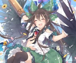Rule 34 | 1girl, arm cannon, arm up, black footwear, black thighhighs, black wings, bow, brown hair, cape, closed eyes, feathered wings, flower, green bow, green skirt, hair bow, miniskirt, open clothes, open mouth, open shirt, reiuji utsuho, shirt, shoes, skirt, smile, solo, sunflower, thighhighs, third eye, touhou, toutenkou, weapon, white shirt, wings