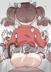 Rule 34 | 1boy, 1girl, anus, ass, blush, brown hair, doggystyle, from behind, hetero, highres, japanese clothes, kantai collection, kariginu, namakura neo, navel, pov, ryuujou (kancolle), sex, sex from behind, twintails, visor cap