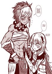 Rule 34 | 2girls, abs, artist request, corrin (female) (fire emblem), corrin (fire emblem), dark-skinned female, dark skin, female focus, fire emblem, fire emblem fates, highres, long hair, monochrome, multiple girls, muscular, muscular female, nervous, nintendo, pointy ears, rinkah (fire emblem), sarashi, short hair, simple background, text focus, toned, white background