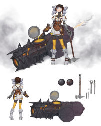 Rule 34 | 1girl, absurdres, armor, belt, bgy, blacksmith, blue eyes, brown gloves, brown headwear, character sheet, clawed gauntlets, closed mouth, collarbone, gauntlets, gloves, goggles, goggles on head, grey hair, gun, hammer, highres, holding, holding hammer, holding weapon, long hair, lava, original, pouch, pouring, scar, scar on face, simple background, single gauntlet, smoke, solo, turtleneck, weapon, white background, white footwear, wrench, yellow legwear