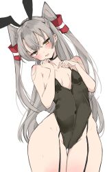 Rule 34 | 1girl, alternate costume, amatsukaze (kancolle), animal ears, black choker, black leotard, breasts, brown eyes, chigasaki yukari, choker, commentary request, covered navel, cowboy shot, fake animal ears, grey hair, hair tubes, highleg, highleg leotard, highres, kantai collection, leotard, long hair, looking at viewer, playboy bunny, rabbit ears, rabbit tail, simple background, small breasts, smokestack hair ornament, solo, tail, thigh gap, two side up, white background