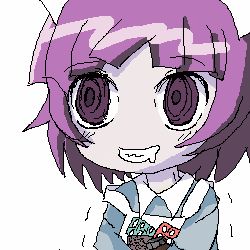 Rule 34 | 1girl, blouse, blue shirt, blunt bangs, clenched teeth, collared shirt, drooling, evil smile, futaba channel, jaggy lines, lowres, maid, mouth drool, nijiura maids, purple eyes, purple hair, ringed eyes, shirt, simple background, smile, solo, teeth, upper body, white background, yakui