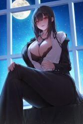 Rule 34 | 1girl, absurdres, ame 816, belt, between breasts, black bra, black hair, black jacket, black pants, blazer, bra, breasts, buttons, cleavage, collared shirt, commission, crossed legs, dress shirt, full moon, hand on own knee, highres, jacket, lace, lace-trimmed bra, lace trim, large breasts, long hair, long sleeves, looking at viewer, moon, necktie, necktie between breasts, night, off shoulder, open clothes, open jacket, open mouth, original, pants, partially unbuttoned, red eyes, second-party source, shirt, sitting, sky, smile, solo, star (sky), starry sky, undershirt, underwear, very long hair, window