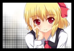 Rule 34 | 1girl, :3, ascot, black dress, blonde hair, blush, dress, fang, female focus, framed, hand in own hair, hand to head, long sleeves, looking at viewer, outside border, red eyes, rumia, shirt, solo, touhou, upper body, yakumo nanahara