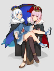Rule 34 | 2girls, black cape, black dress, black jacket, blue eyes, blue hair, blue hoodie, blunt bangs, brown legwear, cape, commentary, crown, dress, english commentary, fins, fish tail, fur-trimmed cape, fur trim, gawr gura, gawr gura (1st costume), hair ornament, high heels, highres, hololive, hololive english, hood, hoodie, jacket, king (vocaloid), long sleeves, mori calliope, multiple girls, one side up, orinte, parted lips, pink eyes, pink hair, shark tail, shoes, sidelocks, silver hair, simple background, single thighhigh, sitting, sitting on person, smile, tail, thighhighs, throne, twitter username, virtual youtuber, vocaloid, white footwear