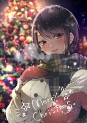 Rule 34 | blurry, blurry background, blush, breath, brown eyes, candy, candy cane, christmas, christmas ornaments, christmas tree, coat, covered erect nipples, eyes visible through hair, food, gloves, hair between eyes, hand on own chest, highres, looking at viewer, medium hair, merry christmas, mittens, open mouth, original, outdoors, plaid, plaid scarf, purple hair, reaching, reaching towards viewer, red gloves, sakayama shinta, scarf, smile, snow, snowing, solo, star (symbol), tree, upper body, winter clothes