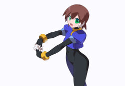 Rule 34 | 1girl, aile (mega man zx), black bodysuit, blue footwear, blue jacket, bodysuit, bodysuit under clothes, brown hair, commentary request, cropped jacket, green eyes, jacket, kaidou zx, looking at viewer, mega man (series), mega man zx, no pants, outstretched arms, robot ears, short hair, simple background, white background