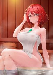 Rule 34 | 1girl, bathing, bob cut, breasts, bucket, chest jewel, doromizu (d0r0118), highres, large breasts, looking at viewer, onsen, partially submerged, pyra (xenoblade), red eyes, red hair, short hair, solo, towel, wooden floor, xenoblade chronicles (series), xenoblade chronicles 2