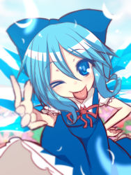 Rule 34 | 1girl, ;p, blue eyes, blue hair, bow, cirno, hair bow, ice, ice wings, kuresento, matching hair/eyes, one eye closed, solo, tongue, tongue out, touhou, wings, wink