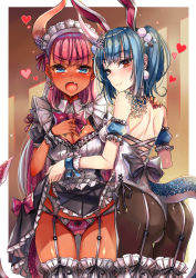 Rule 34 | 2girls, animal ears, bad id, bad pixiv id, blue eyes, blue hair, blush, breasts, cleavage, clothes lift, dark-skinned female, dark skin, fake animal ears, fang, from behind, gluteal fold, heart, highres, horns, looking at viewer, looking back, moze, multiple girls, open mouth, original, pantyhose, pink hair, playboy bunny, rabbit ears, red eyes, single horn, tan, thighhighs