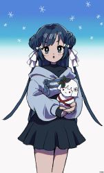 Rule 34 | 1girl, :o, asterisk, black dress, blue background, blue eyes, blue hair, blue hoodie, blush, bow, chinese knot, chun meiyui, cowboy shot, cropped hoodie, double bun, dress, fingerless gloves, gloves, gradient background, hair bow, hair bun, hair ribbon, highres, holding snowman, hood, hood down, hoodie, looking at viewer, magia record: mahou shoujo madoka magica gaiden, mahou shoujo madoka magica, natsume kako, official alternate costume, ribbon, short dress, sidelocks, signature, simple background, snowman, solo, swept bangs, turtleneck, turtleneck dress, uwded 207, white background, white bow, white ribbon