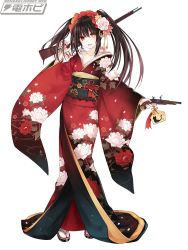 Rule 34 | 1girl, black hair, clock, clock eyes, date a live, dress, female focus, flower, full body, gun, headdress, highres, japanese clothes, kimono, long hair, looking at viewer, plant, red eyes, shoes, simple background, smile, solo, standing, symbol-shaped pupils, tokisaki kurumi, tsunako, twintails, weapon, white background, yellow eyes