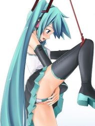 Rule 34 | 1girl, ass, bdsm, blue eyes, blue hair, bondage, bound, censored, clothing aside, detached sleeves, female focus, hatsune miku, headset, leg lift, legs, lowres, open mouth, panties, panties aside, pussy, shirt, simple background, solo, spread legs, standing, standing on one leg, striped clothes, striped panties, thighhighs, underwear, upskirt, vocaloid, white background