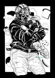 Rule 34 | 1boy, aikawa (dorohedoro), bread, chese, cropped legs, cup, dagger, denim, disposable cup, dorohedoro, doughnut, eating, food, gas mask, greyscale, highres, holding, holding dagger, holding knife, holding weapon, hungry, jeans, kaerudaisukikko, knife, male focus, mask, meat, milk, monochrome, muscular, muscular male, pants, sausage, solo, thighs, weapon
