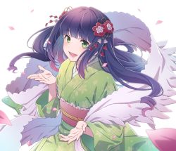 Rule 34 | 1girl, blue hair, blunt bangs, blush, character request, copyright request, flower, green eyes, green kimono, hair flower, hair ornament, happy, highres, japanese clothes, kimono, long hair, looking at viewer, smile, solo, teeth, tongue, tsu3 v, very long hair, virtual youtuber