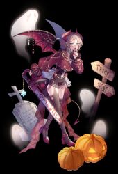 Rule 34 | 1girl, absurdres, black shorts, blue eyes, brown hair, chainsaw, curled horns, demon wings, fangs, halloween, high-waist shorts, highres, holding, holding chainsaw, horns, jack-o&#039;-lantern, nurumi p, open mouth, original, red footwear, red horns, red nails, red wings, short hair with long locks, shorts, tombstone, wings
