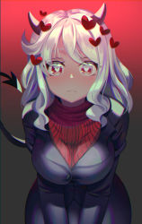 Rule 34 | 1girl, absurdres, black horns, black suit, black tail, breasts, buttons, closed mouth, demon girl, demon horns, demon tail, eyebrows hidden by hair, formal, frown, gonzz (gon2rix), gradient background, grey background, hair ornament, heart, heart-shaped pupils, heart hair ornament, helltaker, highres, horns, large breasts, leaning forward, looking at viewer, medium hair, modeus (helltaker), red background, red eyes, red sweater, ribbed sweater, sidelocks, solo, suit, sweater, symbol-shaped pupils, tail, upper body, white hair, white horns