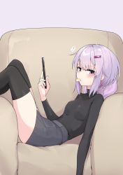 Rule 34 | 1girl, armchair, black shirt, black thighhighs, breasts, cellphone, chair, commentary request, feet out of frame, food in mouth, from side, grey skirt, hair ornament, hairclip, highres, holding, holding phone, knees up, long sleeves, looking at viewer, looking to the side, mouth hold, on chair, phone, pink background, purple eyes, purple hair, shirt, simple background, skirt, small breasts, solo, thighhighs, voiceroid, yuzuki yukari, yuzuki yukari (shizuku), zooanime