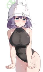 Rule 34 | 1girl, absurdres, bare arms, black one-piece swimsuit, blue archive, blue eyes, blush, breasts, collarbone, covered collarbone, covered navel, cowboy shot, doldol (rkwowlqrp), halo, helmet, highres, large breasts, looking at viewer, one-piece swimsuit, purple hair, saki (blue archive), short hair, simple background, solo, sweat, swimsuit, white background
