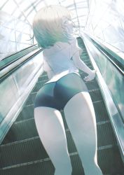 Rule 34 | 1girl, absurdres, ass, blonde hair, blue eyes, escalator, from behind, highres, looking at viewer, looking back, off-shoulder shirt, off shoulder, original, shirt, short shorts, short sleeves, shorts, smile, solo, t.k.c, thighs, white shirt