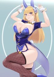 Rule 34 | 1girl, animal ears, blonde hair, breasts, cleavage cutout, clothing cutout, commission, feet out of frame, fishnet thighhighs, fishnets, garter straps, hair ribbon, high heels, highres, knee up, large breasts, leotard, lina (michihasu), long hair, looking at viewer, nail polish, original, playboy bunny, rabbit ears, ribbon, solo, thighhighs, vialnite, waistcoat, wrist cuffs