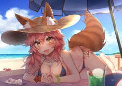 Rule 34 | 10s, 1girl, animal ears, bare legs, barefoot, beach, beach umbrella, bikini, blue bikini, blue sky, breasts, cleavage, crab, day, ears through headwear, fate/extra, fate/extra ccc, fate (series), fox ears, fox tail, hand ornament, hat, highres, jewelry, large breasts, long hair, looking at viewer, necklace, ocean, outdoors, pink hair, sand, side-tie bikini bottom, sky, smile, solo, starfish, sun hat, swimsuit, tail, tamamo (fate), tamamo no mae (fate/extra), tamamo no mae (swimsuit lancer) (fate), umbrella, usa b, water, yellow eyes