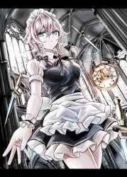 Rule 34 | 1girl, apron, bad id, bad twitter id, black bow, black dress, black ribbon, blue eyes, bow, braid, breasts, commentary request, cowboy shot, dagger, dress, frilled apron, frills, from below, hair between eyes, hair bow, highres, indoors, izayoi sakuya, jan (lightdragoon), knife, letterboxed, maid, maid apron, maid headdress, medium breasts, neck ribbon, petticoat, pocket watch, puffy short sleeves, puffy sleeves, ribbon, shirt, short dress, short hair, short sleeves, silver hair, solo, standing, thighs, touhou, twin braids, waist apron, watch, weapon, white apron, white shirt, window, wing collar, wrist cuffs