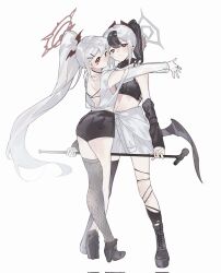Rule 34 | 2girls, black footwear, black hair, black horns, black shorts, black thighhighs, blue archive, boots, breasts, carnivalaki, closed mouth, clothes around waist, demon horns, grey hair, grey halo, halo, high heel boots, high heels, highres, holding, holding microphone stand, horns, kayoko (blue archive), long hair, microphone stand, multicolored hair, multiple girls, mutsuki (blue archive), open mouth, ponytail, red eyes, red halo, shirt, shirt around waist, shorts, simple background, single thighhigh, small breasts, thighhighs, white background, white shirt