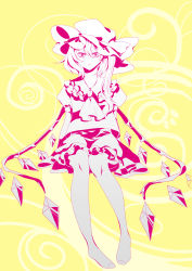 Rule 34 | 1girl, absurdres, ascot, bow, color background, crystal, demon wings, flandre scarlet, frilled skirt, frills, full body, hat, hat bow, highres, knees, knees together feet apart, legs, looking at viewer, mob cap, monochrome, moppu, no feet, parted lips, pink theme, short sleeves, side ponytail, simple background, sitting, skirt, touhou, vampire, wings, yellow background