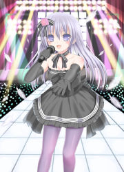 Rule 34 | 1girl, bad id, bad pixiv id, bare shoulders, dress, elbow gloves, feathers, gloves, hair ornament, ikeda yuuki, long hair, microphone, music, neck ribbon, open mouth, original, outstretched arm, pantyhose, purple eyes, purple hair, purple pantyhose, resized, revision, ribbon, singing, solo, stage