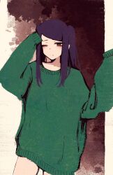 1girl absurdres blush closed_mouth commentary cowboy_shot green_sweater highres jill_stingray long_hair one_eye_closed purple_hair red_eyes rnna sidelocks sleeves_past_fingers sleeves_past_wrists solo sweater va-11_hall-a