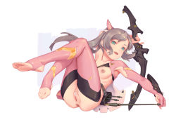 Rule 34 | 1girl, :d, anus, aqua eyes, arm up, armpit cutout, armpits, arrow (projectile), ass, bar censor, barefoot, belt, bigrbear, bottomless, bow (weapon), censored, cleft of venus, clothing cutout, copyright request, feet, full body, gloves, grey hair, holding, holding arrow, holding bow (weapon), holding weapon, legs up, long hair, looking at viewer, lying, nipples, on back, open mouth, pink gloves, pink thighhighs, ponytail, pussy, quiver, sidelocks, smile, solo, stirrup legwear, thighhighs, toeless legwear, toes, two-tone background, weapon