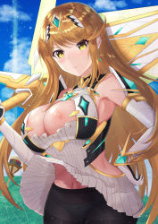 Rule 34 | 1girl, absurdres, artist request, black pantyhose, blonde hair, breasts, cleavage, cleavage cutout, clothing cutout, dress, earrings, highres, jewelry, large breasts, leggings, long hair, miniskirt, mythra (massive melee) (xenoblade), mythra (xenoblade), nintendo, nipples, pantyhose, short dress, skirt, solo, super smash bros., tiara, very long hair, white dress, white skirt, xenoblade chronicles (series), xenoblade chronicles 2, yellow eyes