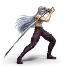 Rule 34 | 1boy, 3d, abs, arm up, artist request, belt, blue eyes, boots, closed mouth, fighting stance, final fantasy, final fantasy vii, forehead, full body, grey hair, hair intakes, hand up, happy, highres, holding, holding sword, holding weapon, katana, long hair, looking at viewer, male focus, masamune (ff7), muscular, navel, nintendo, official art, own hands together, pants, purple footwear, purple pants, sephiroth, smile, solo, square enix, standing, stomach, super smash bros., sword, thigh boots, thighhighs, topless male, transparent background, very long hair, weapon, white background, white hair