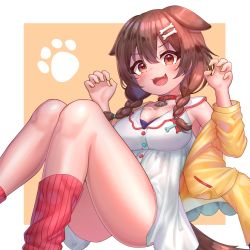 Rule 34 | :3, :d, animal collar, animal ears, ass, blue dress, blush, bone hair ornament, braid, breasts, brown eyes, brown hair, buttons, collar, collarbone, deaver, dog ears, dog girl, dog tail, dress, fangs, feet out of frame, hair between eyes, hair ornament, hair over shoulder, hairclip, hands up, highres, hololive, inugami korone, inugami korone (1st costume), jacket, knees together feet apart, legs, long hair, looking at viewer, loose socks, low twin braids, medium breasts, nail polish, off shoulder, open clothes, open jacket, open mouth, orange background, outside border, paw pose, paw print, paw print background, red collar, red socks, short dress, simple background, sitting, smile, socks, solo, tail, thighs, twin braids, v-shaped eyebrows, virtual youtuber, white dress, yellow jacket, yellow nails