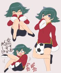 Rule 34 | 1boy, ainya02, ball, bike shorts, blue eyes, blush, blush stickers, character name, chinese clothes, full body, green hair, grin, inazuma eleven (series), inazuma eleven ares no tenbin, long sleeves, looking at viewer, male focus, multiple views, mutekigahara fujimaru, simple background, sleeves past wrists, smile, soccer ball, telstar, trap
