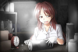 Rule 34 | 1girl, :d, ahoge, alarm clock, analog clock, bomb, box, buttons, clock, collared shirt, erikku (kata235), explosive, gloves, highres, indoors, nail, open mouth, shirt, smile, smoke, solo, terrorist, time bomb, weapon, white gloves, white shirt, wire