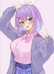 Rule 34 | 1girl, :d, absurdres, blue eyes, blue hair, blue skirt, blunt bangs, blush, bow, bowtie, breasts, cardigan, choco tanuki, collared shirt, colored inner hair, dress shirt, fang, glasses, hair ornament, hair ribbon, hairclip, highres, large breasts, looking at viewer, miniskirt, multicolored hair, nijisanji, nijisanji kr, nun bora, nun bora (2nd costume), open cardigan, open clothes, open mouth, pink bow, pink shirt, plaid, plaid skirt, pleated skirt, purple cardigan, purple hair, ribbon, school uniform, shirt, shirt tucked in, short hair, simple background, skin fang, skirt, sleeves past wrists, smile, solo, virtual youtuber, w, white background, white ribbon