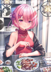 Rule 34 | 1girl, artist name, black jacket, blush, breasts, clothes pull, collarbone, cum, cum on food, dress, elbows on table, food, fork, hair ornament, highres, holding, holding fork, impossible clothes, indoors, jacket, jacket partially removed, jacket pull, jewelry, looking at viewer, medium breasts, meme attire, necklace, off shoulder, on chair, open clothes, pink eyes, pink hair, plate, pov across table, ram (re:zero), re:zero kara hajimeru isekai seikatsu, red sweater, ring, ringed eyes, sannio, short hair, sitting, smile, solo, sparkle, steak, suggestive fluid, sweater, sweater dress, table, turtleneck, virgin killer sweater, wedding band, x hair ornament
