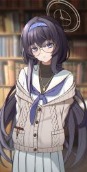 Rule 34 | 1girl, absurdres, black hair, black undershirt, blouse, blue archive, blue eyes, blue hairband, blue neckerchief, book, bookshelf, buttons, costone, eyewear strap, glasses, hair between eyes, hairband, halo, highres, jewelry, long hair, long skirt, looking at viewer, neckerchief, necklace, off shoulder, parted lips, pleated skirt, round eyewear, sailor collar, shirt, skirt, solo, standing, sweater, ui (blue archive), undershirt, white shirt