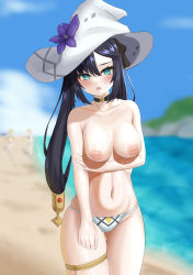 Rule 34 | 4girls, :o, absurdres, areola slip, arm under breasts, bikini, bikini bottom only, black choker, black hair, blue sky, blurry, blurry background, breasts, choker, fischl (genshin impact), flower, genshin impact, gluteal fold, green eyes, hat, hat flower, highres, inverted nipples, lumine (genshin impact), medium breasts, mona (genshin impact), multiple girls, navel, open mouth, outdoors, oz (genshin impact), paimon (genshin impact), people, purple flower, skindentation, sky, solo focus, stomach, swimsuit, thighlet, thighs, topless, twintails, ushimizu, white bikini, white headwear, witch hat