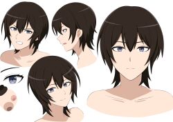 Rule 34 | 1girl, bare shoulders, black hair, character sheet, clenched teeth, closed mouth, collarbone, commentary, frown, grey eyes, hair between eyes, hall onon, highres, kunihira kaori (hall onon), looking at viewer, mature female, open mouth, original, short hair, short messy bangs, smile, teeth, white background