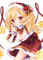 Rule 34 | 1girl, absurdres, arm behind back, blonde hair, braid, braided bangs, breasts, christmas, closed mouth, crystal, downblouse, dress, drill hair, fang, fingernails, flandre scarlet, frilled cuffs, frilled sleeves, frills, fur-trimmed dress, fur collar, fur trim, hat, hat ribbon, highres, holly, leaning forward, looking at viewer, mokokiyo (asaddr), neck ribbon, off-shoulder dress, off shoulder, ojou-sama pose, pointy ears, red dress, red eyes, red hat, red ribbon, ribbon, santa dress, santa hat, sharp fingernails, short dress, short sleeves, side drill, side ponytail, small breasts, smile, solo, standing, touhou, wings