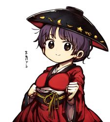 Rule 34 | 1girl, black eyes, black hat, bowl, bowl hat, clenched hands, closed mouth, hat, highres, japanese clothes, kimono, long sleeves, obi, piaki, purple hair, red kimono, sash, short hair, simple background, smile, solo, sukuna shinmyoumaru, touhou, upper body, white background, wide sleeves