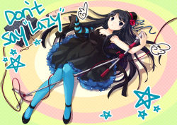 Rule 34 | 00s, 1girl, akiyama mio, bad id, bad pixiv id, black eyes, black hair, blue pantyhose, cable, don&#039;t say &quot;lazy&quot;, dress, entangled, hat, high heels, jin young-in, k-on!, long hair, lying, microphone, microphone stand, mini hat, mini top hat, pantyhose, pentagram, shoes, solo, speaker, top hat