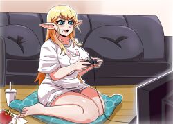 Rule 34 | 1girl, absurdres, belly, blonde hair, blue eyes, breasts, elf, elf-san wa yaserarenai., erufuda-san, fang, fat rolls, food, french fries, full body, highres, large breasts, long hair, long pointy ears, open mouth, playing games, plump, pointy ears, sitting, solo, stomach, thick thighs, thighs