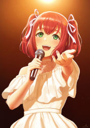 Rule 34 | 1girl, bad id, bad pixiv id, bare shoulders, dress, green eyes, hair ribbon, highres, holding, holding microphone, kurosawa ruby, love live!, love live! sunshine!!, microphone, music, nail polish, off-shoulder dress, off shoulder, open mouth, papi (papiron100), pink nails, red hair, ribbon, singing, smile, solo, teeth, two side up, upper teeth only, white dress, white ribbon