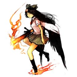 Rule 34 | 1girl, arm cannon, bad id, bad pixiv id, black hair, breasts, female focus, full body, highres, reiuji utsuho, skirt, solo, touhou, transparent background, un-known (ninesix), weapon, wings